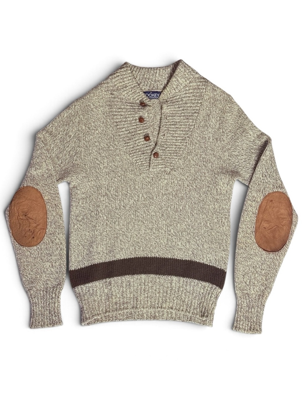 Vintage Prep Jockey International Marled Knit Henley Sweater Suede Elbow Patch
